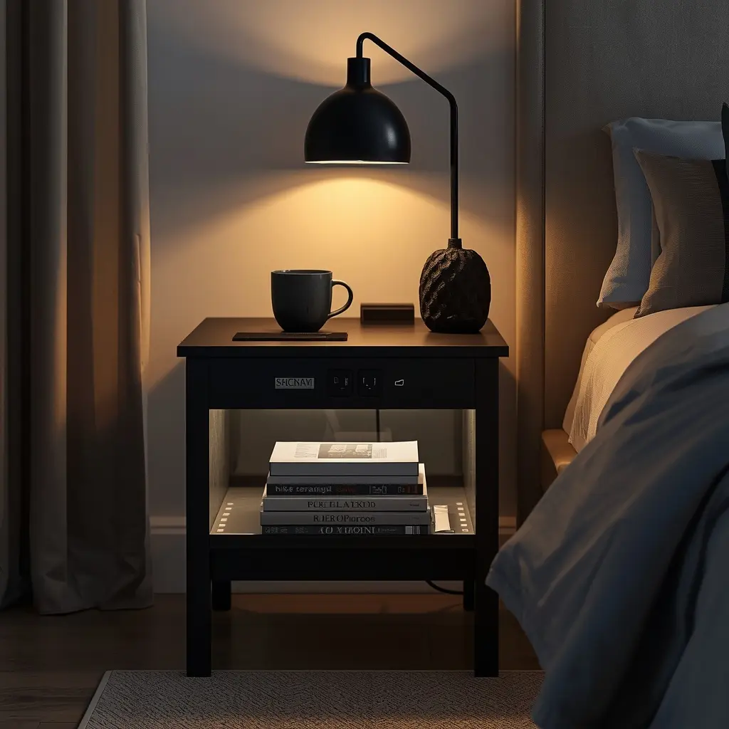 Lazzanto black nightstand with LED light strip and charging station for bedroom